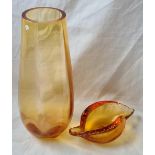 An orange coloured white friers glass vase - 10.5" high and an oval dish