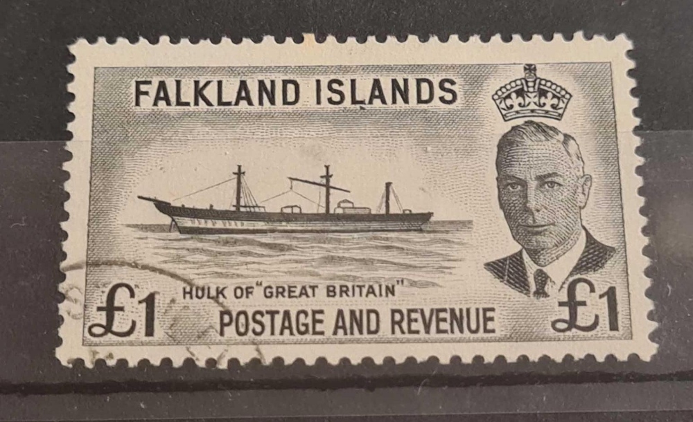 Falklands SG185 (1952). £1 top value fine used. £30