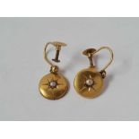 A antique 15ct gold drop circular earrings set with central half pearl on 9ct screw fittings