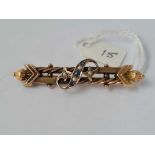 A antique Victorian 15ct gold hallmarked bar brooch 2.3 inches long with centre sapphire and diamond