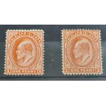 FALKLANDS SG 44d/44c (1908). Coppery red plus vermilion issues on thick paper, both mint. Cat £253