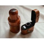 A leather covered travelling ink stand and a 19th Century treen jar with screw cover