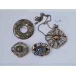 Four metal Scottish type brooches and necklace