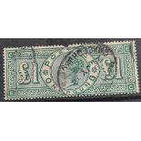 GB 1891 £1 green let E-C reg. canc. SG 212 top small mck. Cat £800