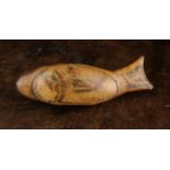 A Folk Art Treen Snuff Box in the form of a whale scribed with penworked decoration enhanced with