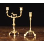 Two 18th/19th Century Brass Candle/Tapersticks: One with twin branch on a knopped and facetted stem