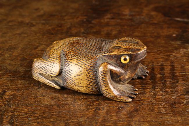 An Early 19th Century Carved Fruitwood Snuff Box in the form of a Toad with intricate punchwork