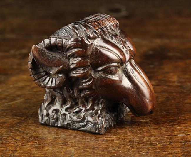 A 19th Century Carved & Richly Patinated Laburnum Snuff Box in the form of a Ram's Head with hinged - Image 2 of 4