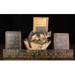 A Wooden Trug containing a painted pub sign, two slate boards, a washboard and a tin-plate 'spook'.