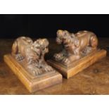 A Pair of 19th Century Carved Wooden Figural Supports in the form of recumbent Lions with twin