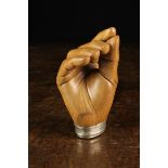 A Well Observed "Pinch of Snuff" Carved Treen Snuff Box in the form of a hand mounted with a