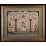 A Delightful Late 17th Century Framed Stumpwork Panel embroidered with a Romantic scene depicting a