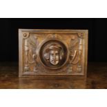 A Relief Carved Oak Romayne Panel centred by the protuberant head on a bearded gentleman wearing a