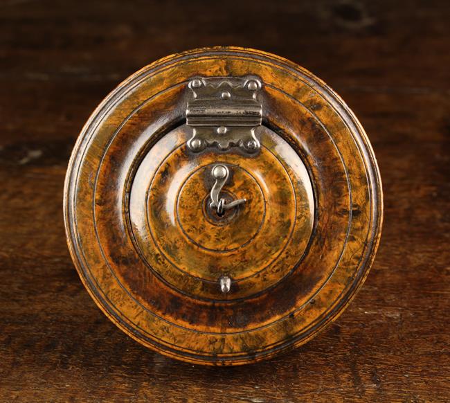 A Rare 18th Century Concertina Folding Paper Lantern in a round turned Burr figured case of rich