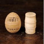 A Small 19th Century Bone Pin Barrel with bands of ring turning and a screw on cap,
