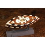 A 19th century Mahogany Snuff Box in the form of a Ship's Hull inlaid with bone & ebony decoration.