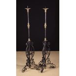 A Pair of Decorative Italian Wrought Iron & Brass Floor Standing Pricket Candle Stands.