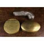 Three Antique Snuff Boxes: A late 18th/early 19th sheet brass snuff of circular form,