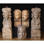 A Group of Five Ornamental Fragment Carvings: An oak relief carved appliqué/boss in the form of a