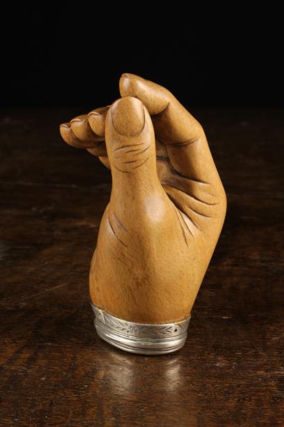 A Well Observed "Pinch of Snuff" Carved Treen Snuff Box in the form of a hand mounted with a - Image 3 of 4