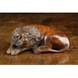 A Fine 19th Century Carved Mahogany Snuff Box in the form of a recumbent Lion with glass inset eyes