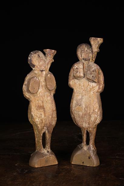 A Pair of 18th Century Naively Carved Wooden Spanish Figural Candlesticks. - Image 2 of 2