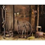 A Collection of Antique Wrought Iron and Metal Ware: A branding iron emblazoned 'T M HURLEY' in a