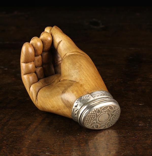 A Well Observed "Pinch of Snuff" Carved Treen Snuff Box in the form of a hand mounted with a - Image 4 of 4