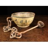 A Fabulous & Rare 18th Century Painted Wooden Punch Bowl with integral chain securing a punch ladle,