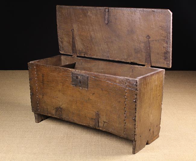 A Small 16th/Early 17th Century Boarded Oak Coffer composed of riven planks with chip carved ends. - Image 2 of 2