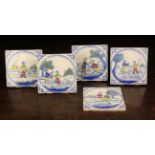 Five Polychrome Delft Tiles painted with delightful scenic roundels depicting figures and sheep in