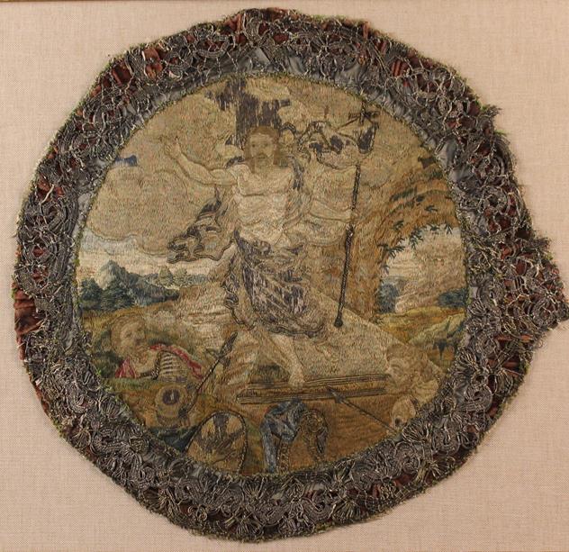 A 17th Century Embroidered Silkwork Roundel depicting Christ Risen, - Image 2 of 2