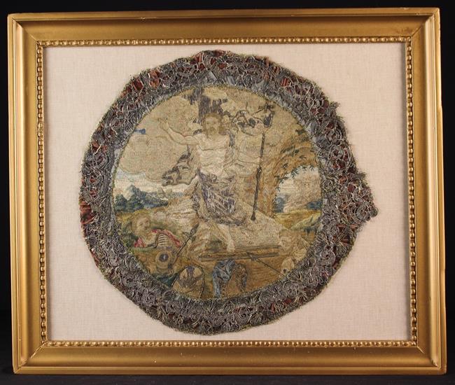 A 17th Century Embroidered Silkwork Roundel depicting Christ Risen,