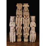Two Pair of 17th Century Style Oak Figural Carvings: One pair a relief carved male & female figure