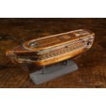 A Fine Early 19th Century Treen Ship of the Line Puzzle Snuff Box with carved hatch and cannon