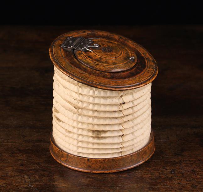 A Rare 18th Century Concertina Folding Paper Lantern in a round turned Burr figured case of rich - Image 2 of 7