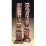 A Pair of 17th Century Relief Carved Oak Figural Pilasters.