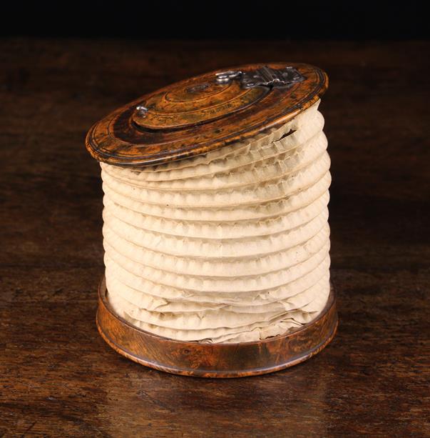 A Rare 18th Century Concertina Folding Paper Lantern in a round turned Burr figured case of rich - Image 3 of 7