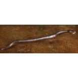 A Wooden Snake naively carved from a small branch with incised details and dark stain,
