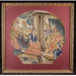 A Framed 18th/19th Century Needlework Chair Panel depicting a Queen presented to an enthroned King.