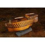 A Fine Early 19th Century Carved Ship of the Line Snuff Box with penwork decoration including a