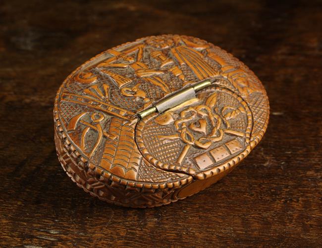 An Early 18th Century North European Oval Boxwood Snuff Box with a low releif carved scene of The - Image 2 of 5