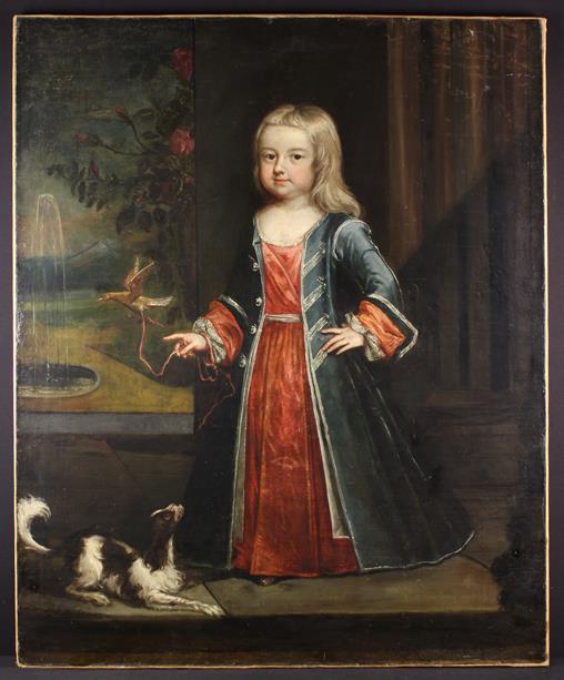 A Large Late 17th Century Oil on Canvas: Full length portrait of blond haired child dressed in a
