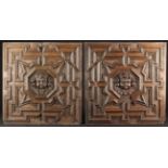 A Pair of 17th Century Oak Panels adorned with geometric moulding centred by carved cherubic face