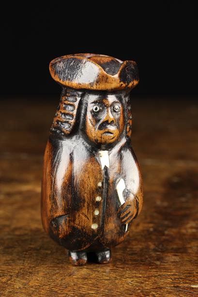 An 18th/19th Century Stained Walnut Snuff Box carved as a bewigged curmudgeonly gentleman with - Image 2 of 4