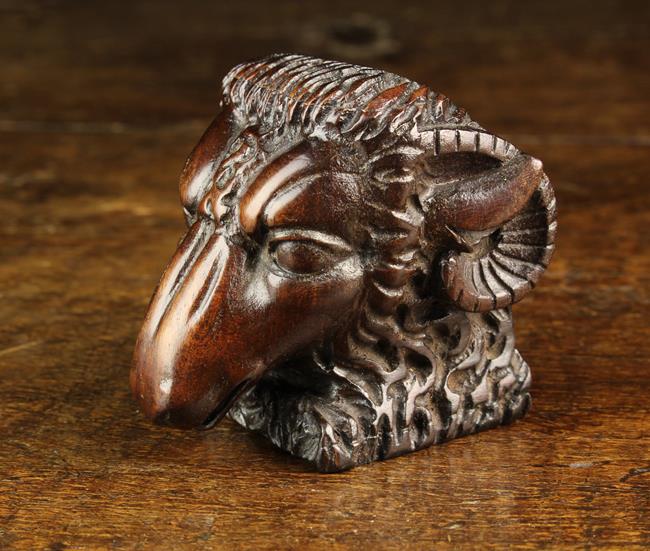 A 19th Century Carved & Richly Patinated Laburnum Snuff Box in the form of a Ram's Head with hinged