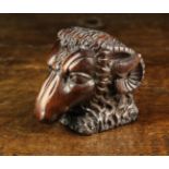 A 19th Century Carved & Richly Patinated Laburnum Snuff Box in the form of a Ram's Head with hinged