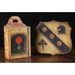 A 19th Century Folk Art Candle Box naively painted with a hot air balloonist and initials VR to the