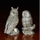 Two Sterling Silver-Clad Ornamental Model Owls, one with glass inset eyes 5" (12.