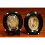 Two 19th Century French Hairwork Memorial Souvenirs set behind domed glass in moulded and ebonised